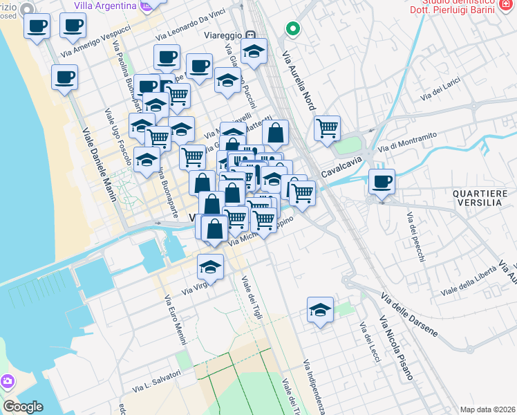 map of restaurants, bars, coffee shops, grocery stores, and more near 6 Lungocanale Ovest in Viareggio