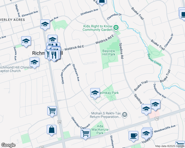 map of restaurants, bars, coffee shops, grocery stores, and more near 60 Glenayr Road in Richmond Hill