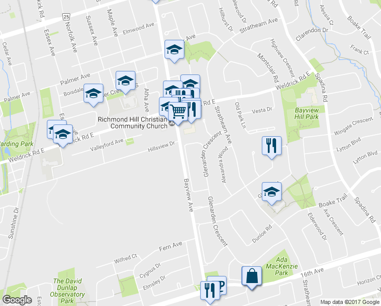 map of restaurants, bars, coffee shops, grocery stores, and more near in Richmond Hill