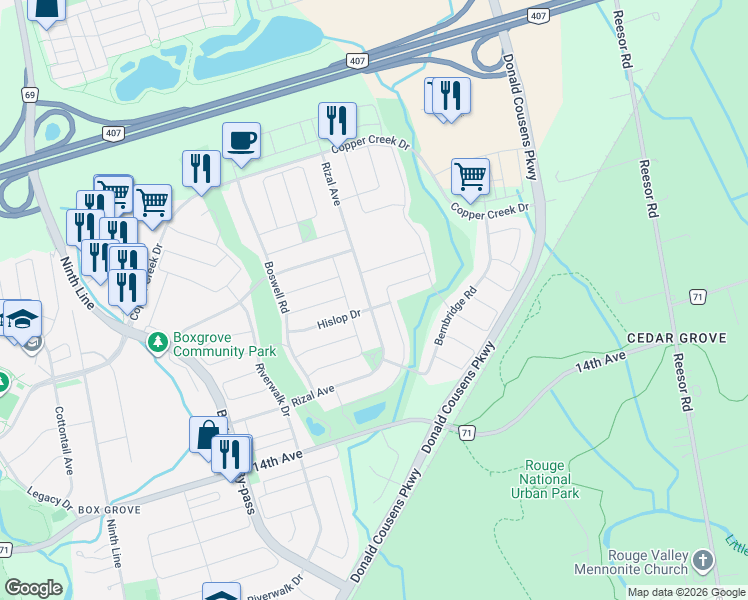 map of restaurants, bars, coffee shops, grocery stores, and more near 173 Rizal Avenue in Markham