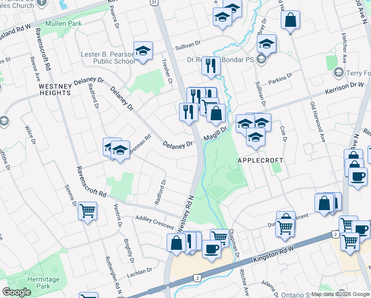 map of restaurants, bars, coffee shops, grocery stores, and more near 16 Delaney Drive in Ajax