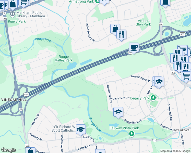 map of restaurants, bars, coffee shops, grocery stores, and more near 16 Purple Finch Road in Markham