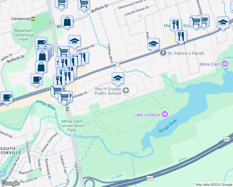 map of restaurants, bars, coffee shops, grocery stores, and more near 120 Drakefield Road in Markham