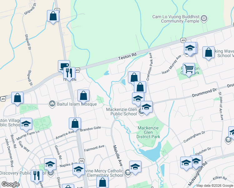 map of restaurants, bars, coffee shops, grocery stores, and more near 105 Ridgeway Court in Vaughan