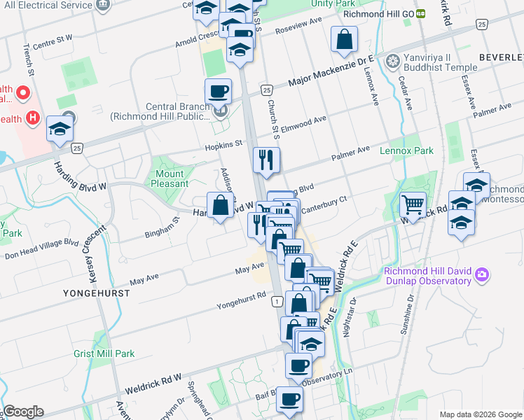 map of restaurants, bars, coffee shops, grocery stores, and more near 9816 Yonge Street in Richmond Hill