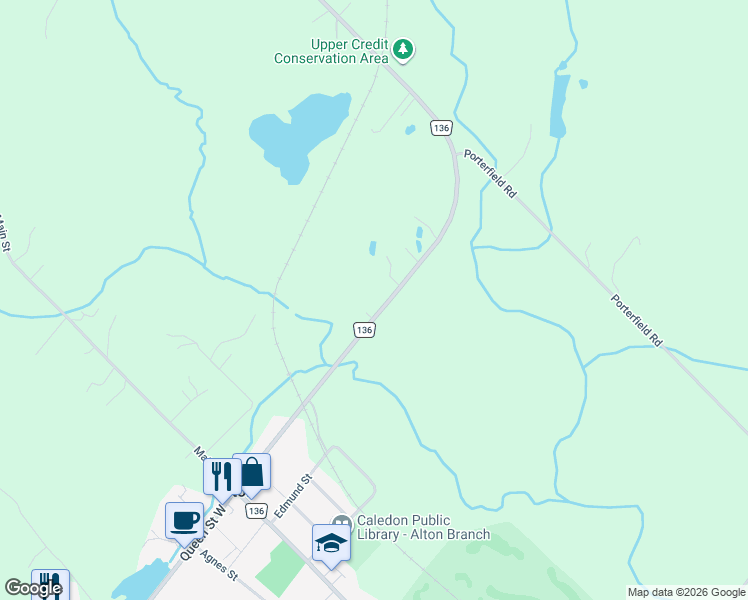 map of restaurants, bars, coffee shops, grocery stores, and more near 1762 Queen Street East in Caledon