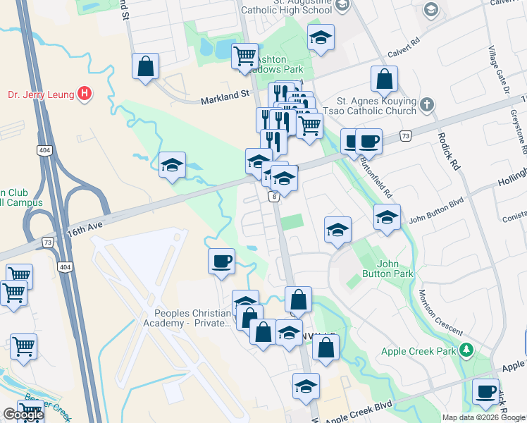 map of restaurants, bars, coffee shops, grocery stores, and more near 2 Albert Baily Way in Markham