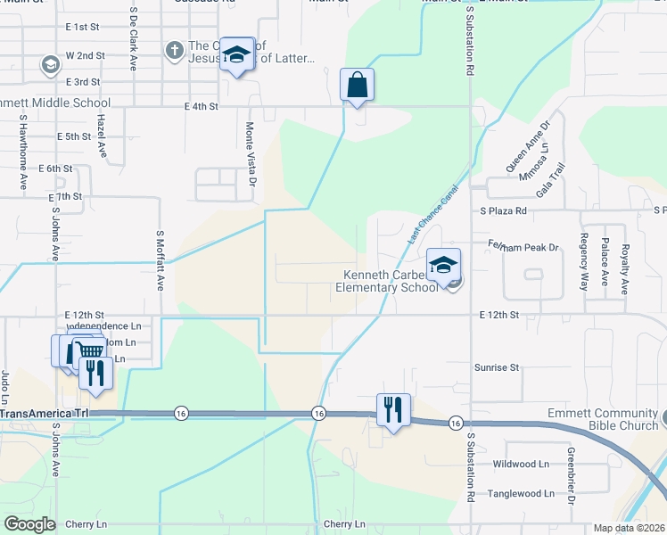 map of restaurants, bars, coffee shops, grocery stores, and more near 1722 East 12th Street in Emmett