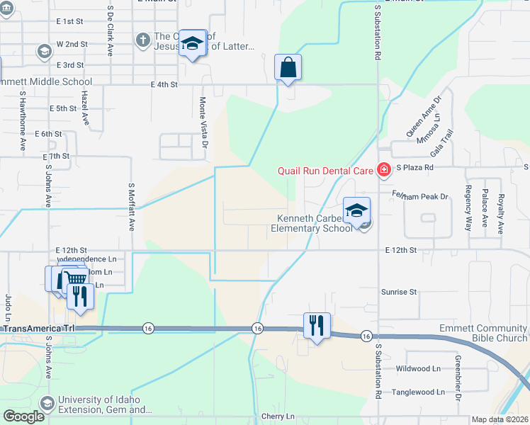 map of restaurants, bars, coffee shops, grocery stores, and more near 1722 East 12th Street in Emmett