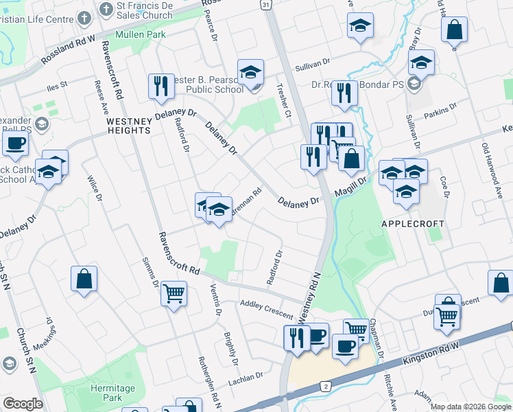 map of restaurants, bars, coffee shops, grocery stores, and more near 64 Chatfield Drive in Ajax