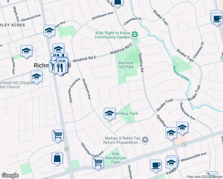 map of restaurants, bars, coffee shops, grocery stores, and more near 60 Glenayr Road in Richmond Hill