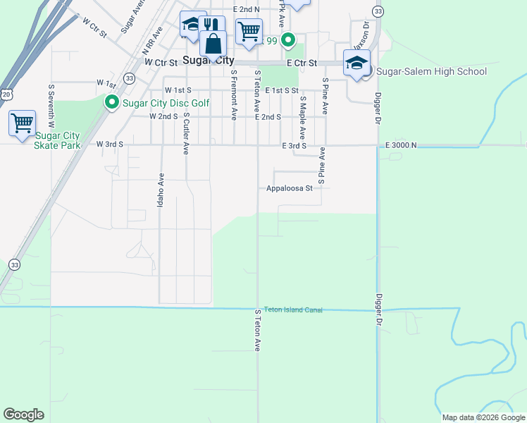 map of restaurants, bars, coffee shops, grocery stores, and more near 2613-2795 South Teton Avenue in Sugar City