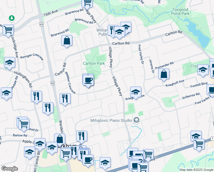 map of restaurants, bars, coffee shops, grocery stores, and more near 81 Webber Crescent in Markham