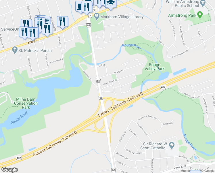 map of restaurants, bars, coffee shops, grocery stores, and more near Rougehaven Way in Markham
