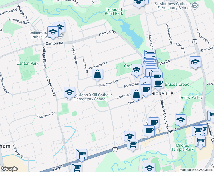 map of restaurants, bars, coffee shops, grocery stores, and more near 171 Krieghoff Avenue in Markham