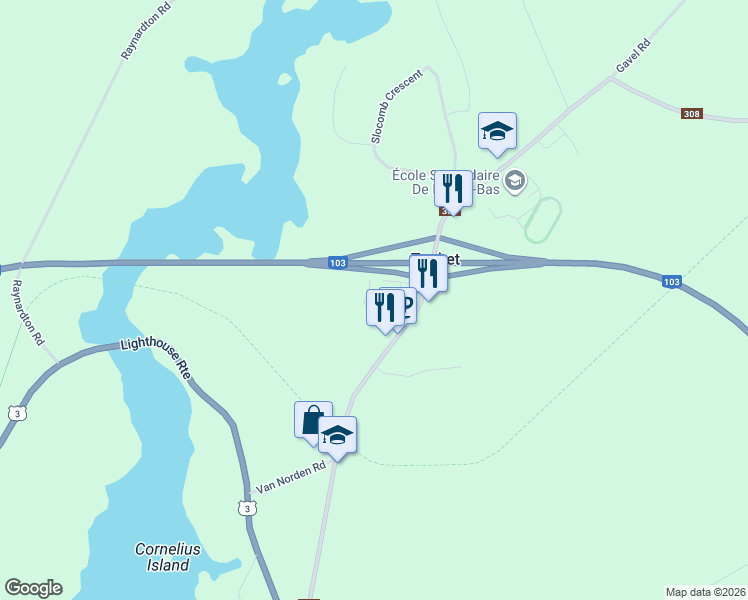 map of restaurants, bars, coffee shops, grocery stores, and more near 4106 Nova Scotia 308 in Tusket