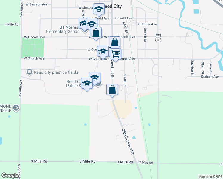 map of restaurants, bars, coffee shops, grocery stores, and more near 801 South Chestnut Street in Reed City