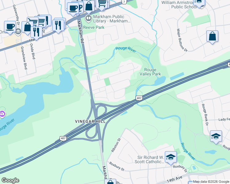 map of restaurants, bars, coffee shops, grocery stores, and more near 8 Charlotte Angliss Road in Markham