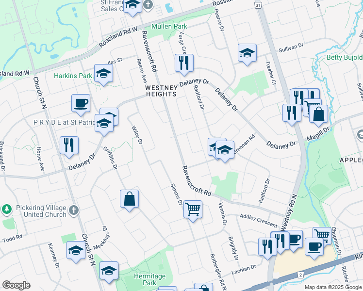 map of restaurants, bars, coffee shops, grocery stores, and more near 130 Ravenscroft Road in Ajax