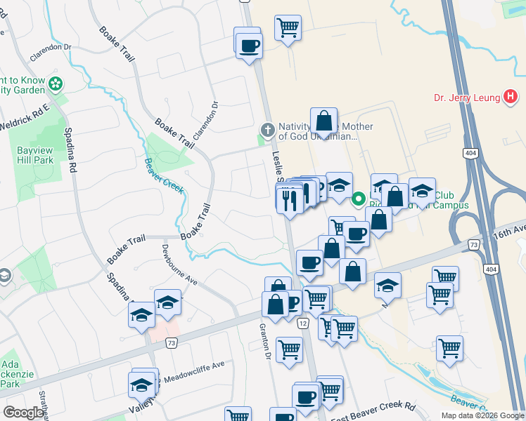 map of restaurants, bars, coffee shops, grocery stores, and more near 57 Frybrook Crescent in Richmond Hill