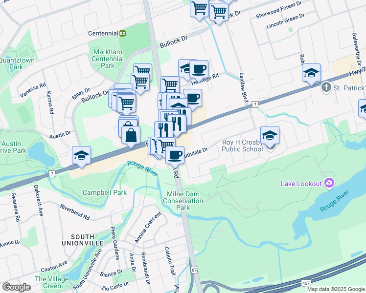 map of restaurants, bars, coffee shops, grocery stores, and more near 5261 Highway 7 in Markham