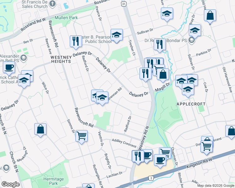 map of restaurants, bars, coffee shops, grocery stores, and more near 15 Brennan Road in Ajax