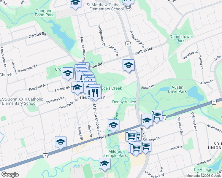 map of restaurants, bars, coffee shops, grocery stores, and more near 31 Victoria Avenue in Markham