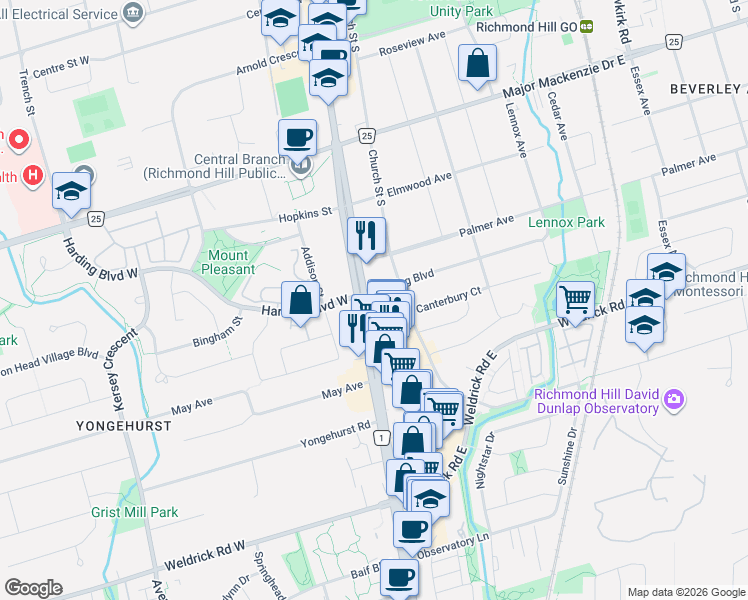 map of restaurants, bars, coffee shops, grocery stores, and more near 18 Harding Boulevard West in Richmond Hill