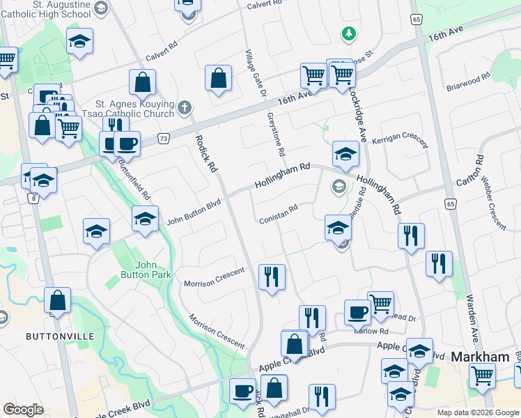 map of restaurants, bars, coffee shops, grocery stores, and more near 3 Lancashire Road in Markham