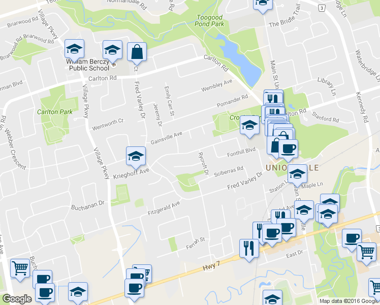 map of restaurants, bars, coffee shops, grocery stores, and more near 166 Krieghoff Avenue in Markham