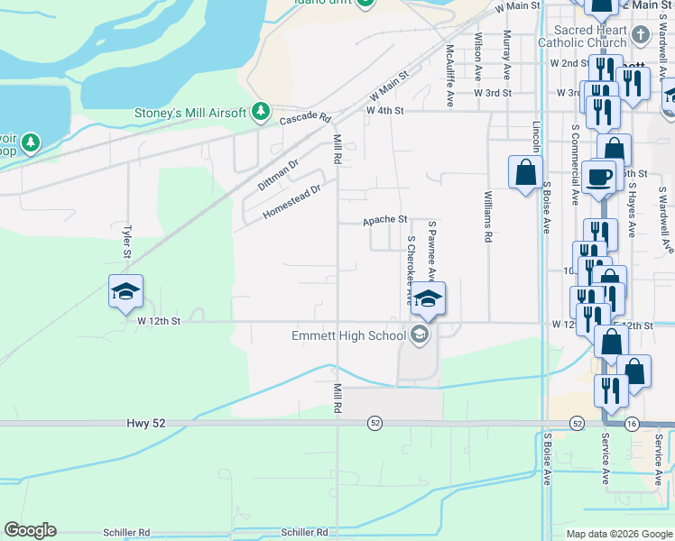 map of restaurants, bars, coffee shops, grocery stores, and more near 936 Mill Road in Emmett