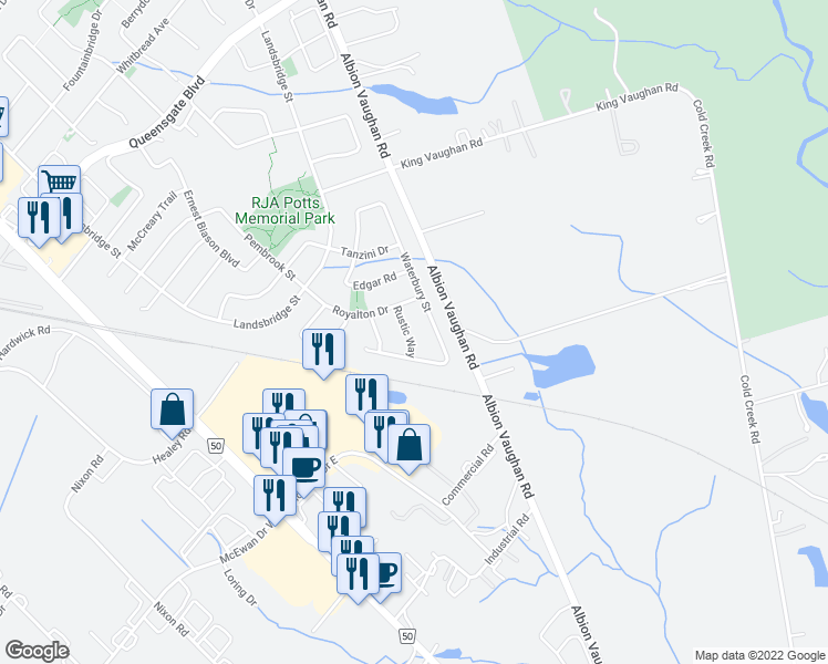 map of restaurants, bars, coffee shops, grocery stores, and more near 15 Rustic Way in Caledon