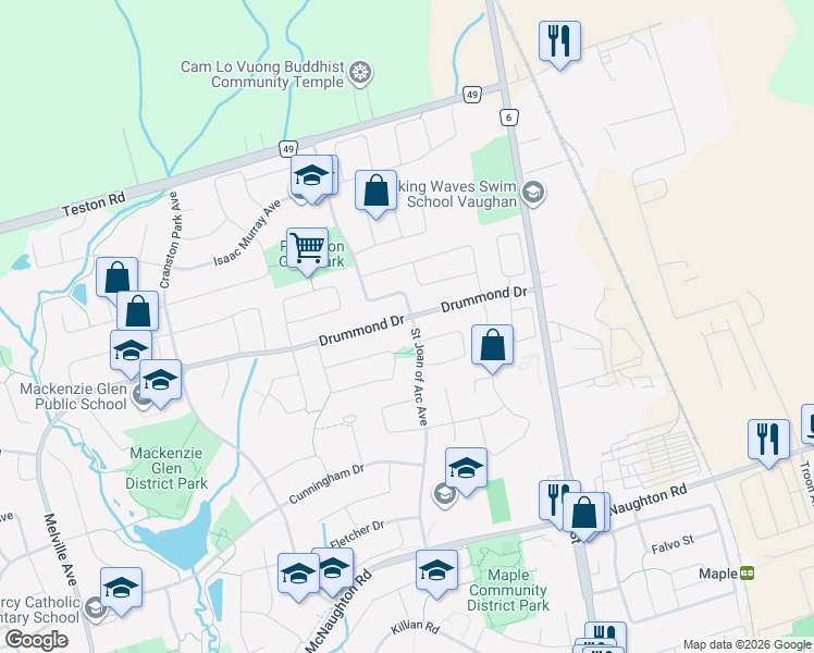 map of restaurants, bars, coffee shops, grocery stores, and more near 239 Drummond Drive in Vaughan