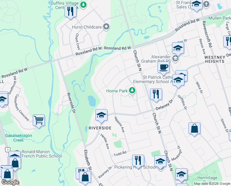 map of restaurants, bars, coffee shops, grocery stores, and more near 29 Strickland Drive in Ajax