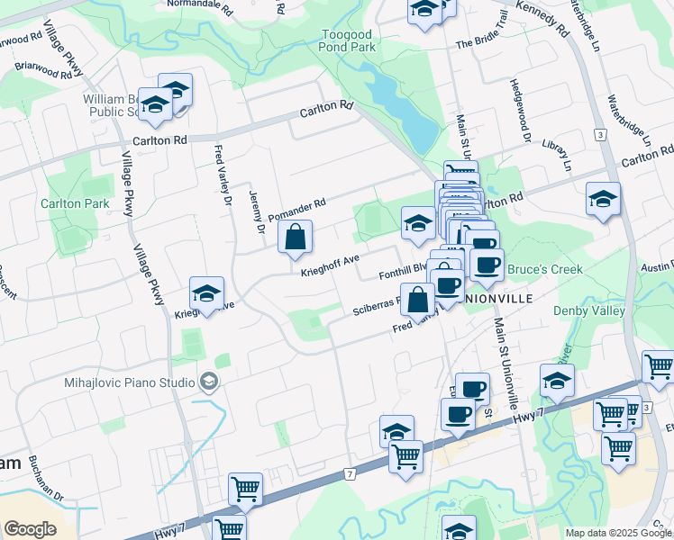 map of restaurants, bars, coffee shops, grocery stores, and more near 19 Rycroft Drive in Markham