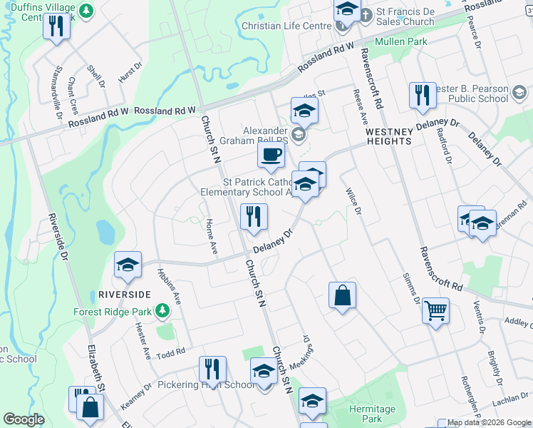 map of restaurants, bars, coffee shops, grocery stores, and more near 18 Edgley Court in Ajax