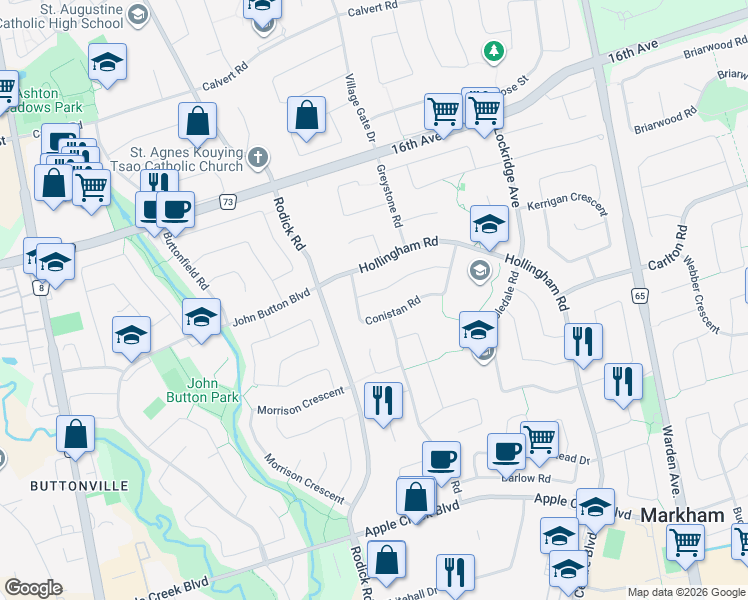 map of restaurants, bars, coffee shops, grocery stores, and more near 34 Conistan Road in Markham