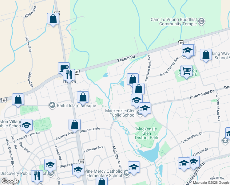map of restaurants, bars, coffee shops, grocery stores, and more near 105 Ridgeway Court in Vaughan