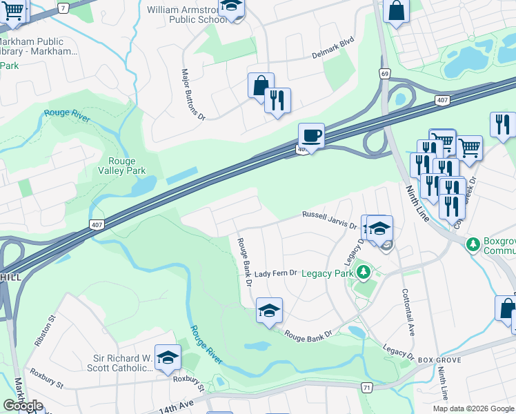 map of restaurants, bars, coffee shops, grocery stores, and more near 42 Littleleaf Crescent in Markham