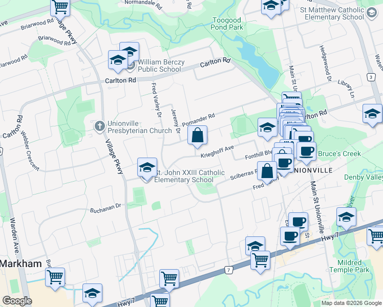 map of restaurants, bars, coffee shops, grocery stores, and more near 2 Callahan Road in Markham