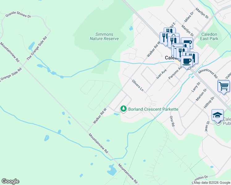 map of restaurants, bars, coffee shops, grocery stores, and more near 105 Walker Road West in Caledon East