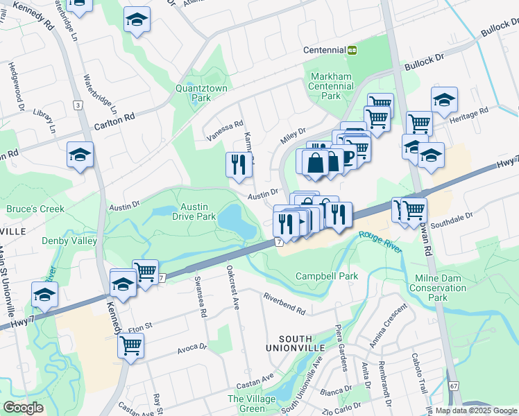 map of restaurants, bars, coffee shops, grocery stores, and more near 55 Austin Drive in Markham