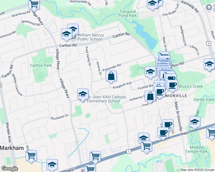 map of restaurants, bars, coffee shops, grocery stores, and more near 12 Worsley Court in Markham