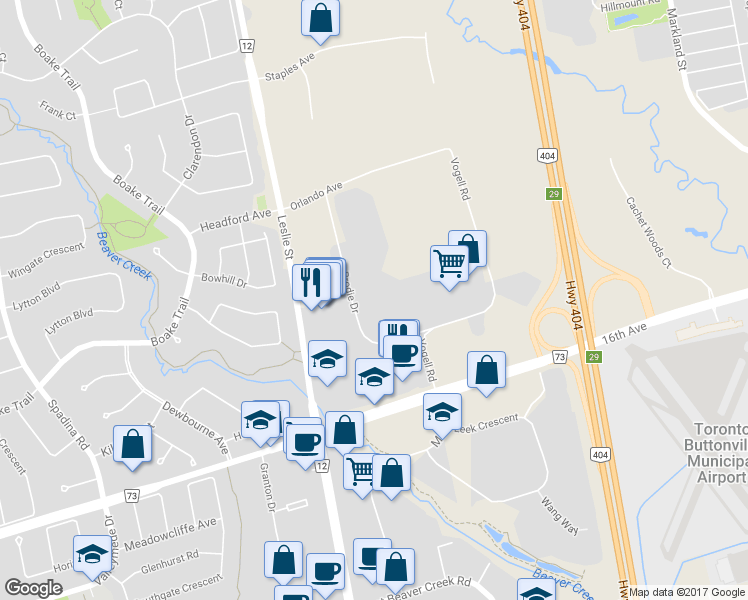 map of restaurants, bars, coffee shops, grocery stores, and more near 25 Brodie Drive in Richmond Hill