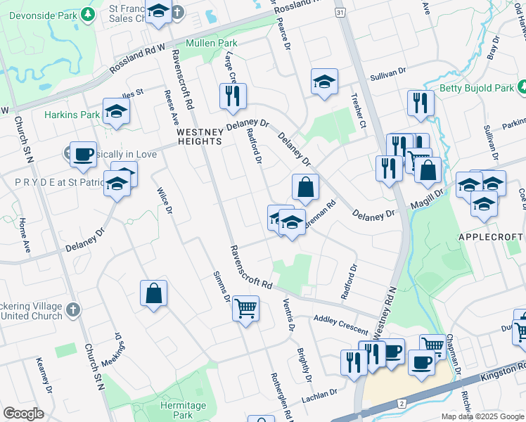 map of restaurants, bars, coffee shops, grocery stores, and more near 61 Daniels Crescent in Ajax
