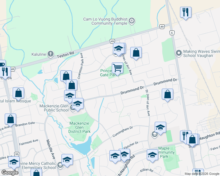 map of restaurants, bars, coffee shops, grocery stores, and more near 22 Monteith Crescent in Vaughan