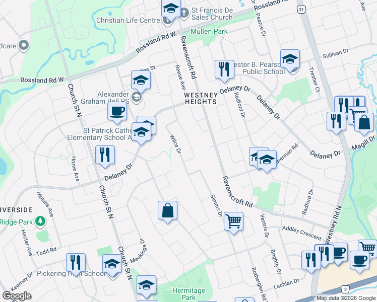 map of restaurants, bars, coffee shops, grocery stores, and more near 8 Sayor Drive in Ajax