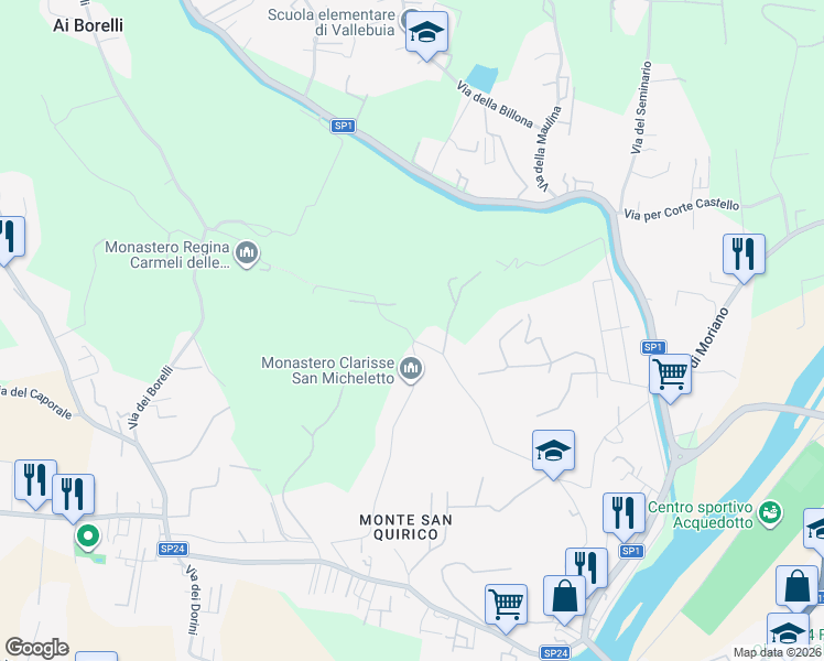 map of restaurants, bars, coffee shops, grocery stores, and more near 835 Via dei Poveri Vecchi in Lucca