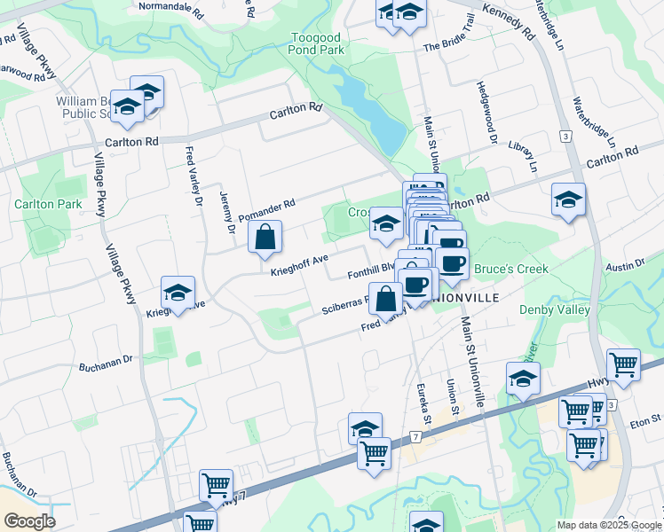 map of restaurants, bars, coffee shops, grocery stores, and more near 62 Fonthill Boulevard in Markham