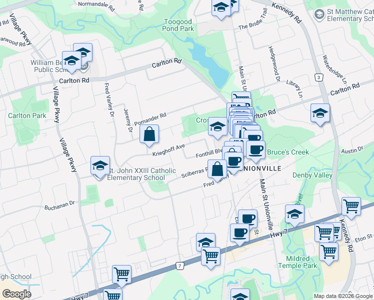 map of restaurants, bars, coffee shops, grocery stores, and more near 62 Fonthill Boulevard in Markham